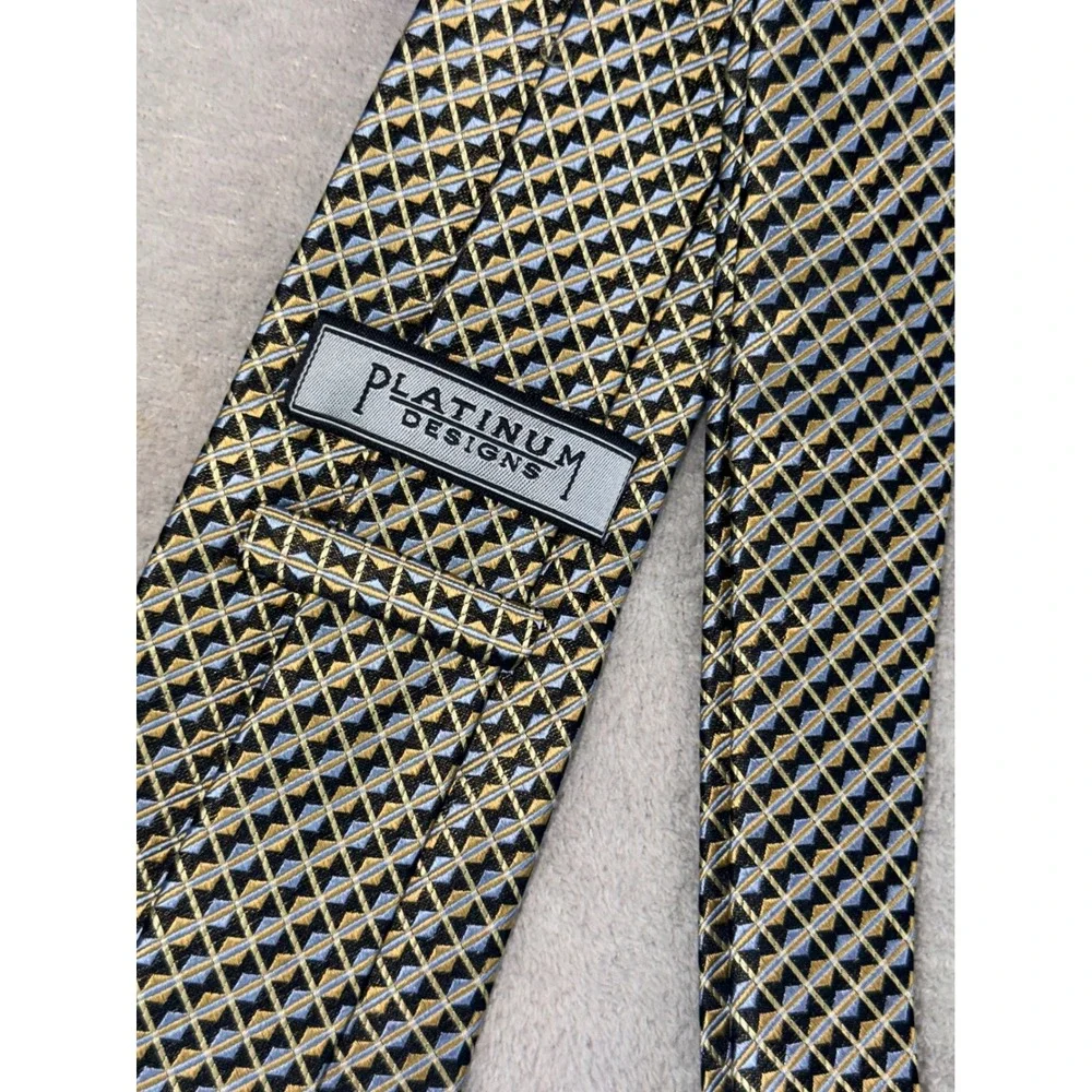 Platinum Designs Mens Silk Necktie Gold Blue Black Geometric Pattern Hand Made